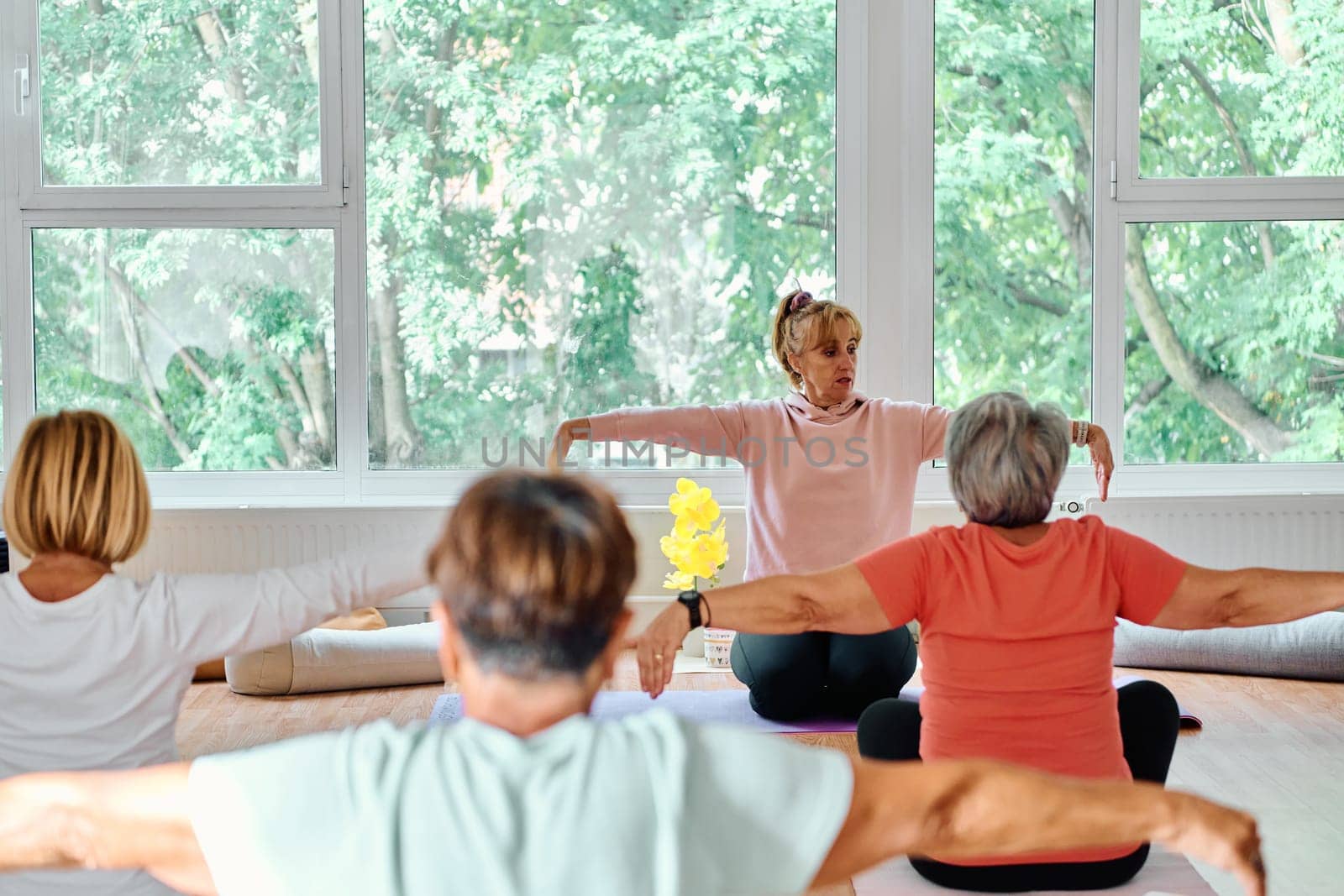 A group of senior women engage in various yoga exercises, including neck, back, and leg stretches, under the guidance of a trainer in a sunlit space, promoting well-being and harmony by dotshock