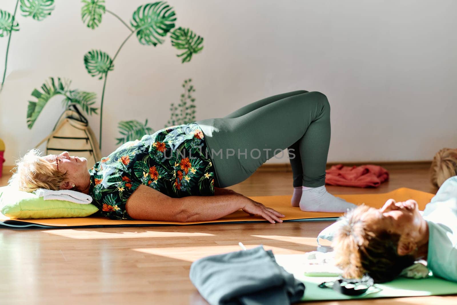 A group of senior women engage in various yoga exercises, including neck, back, and leg stretches, under the guidance of a trainer in a sunlit space, promoting well-being and harmony by dotshock