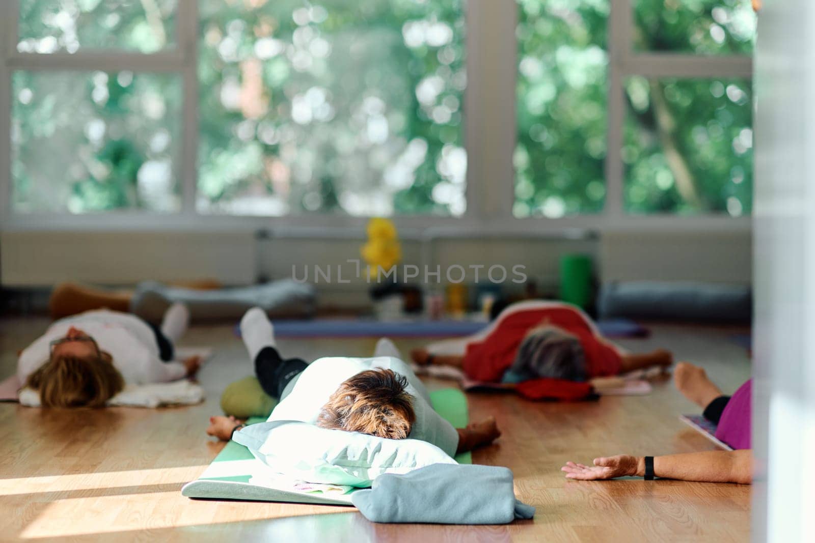 A group of senior women engage in various yoga exercises, including neck, back, and leg stretches, under the guidance of a trainer in a sunlit space, promoting well-being and harmony.