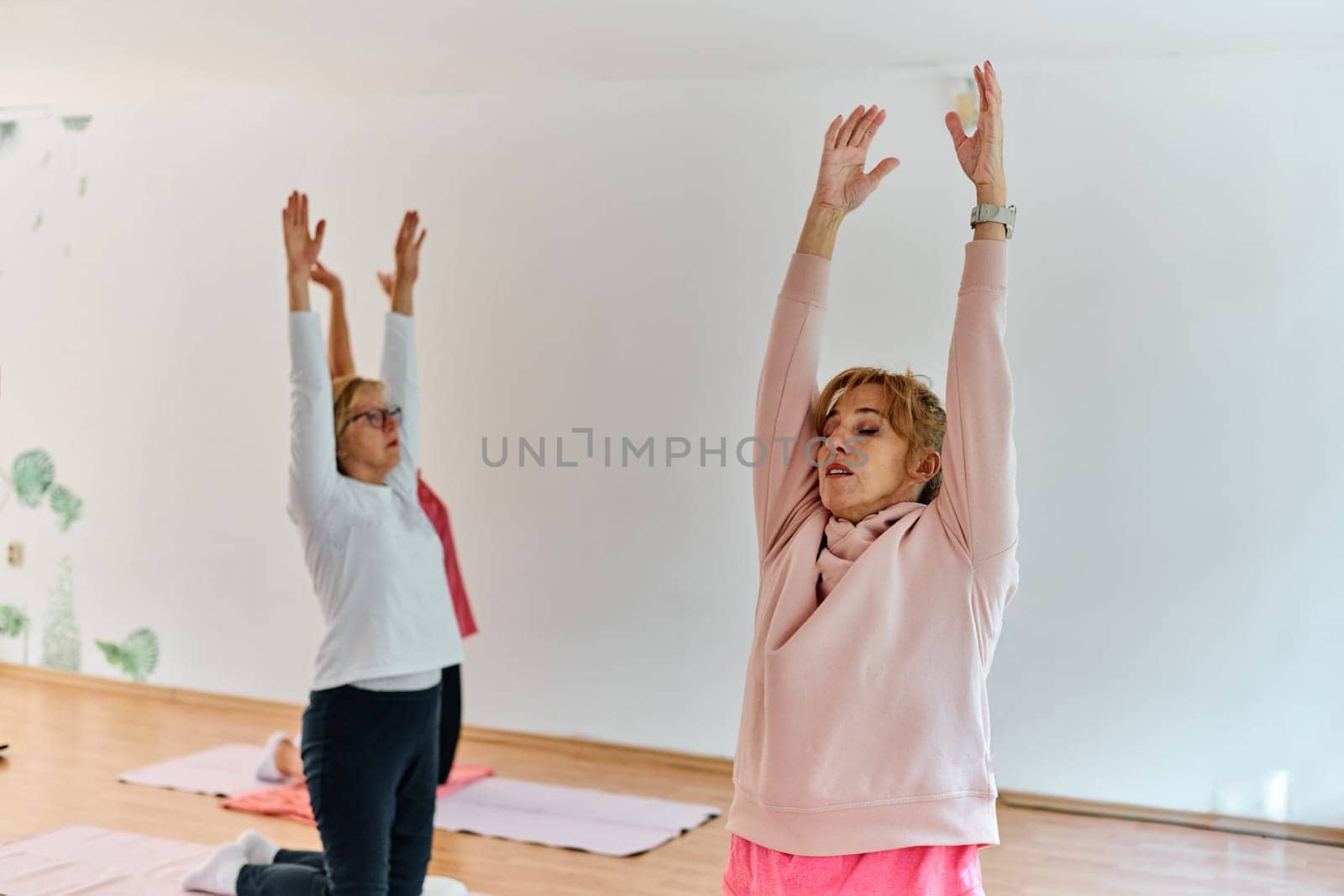 A group of senior women engage in various yoga exercises, including neck, back, and leg stretches, under the guidance of a trainer in a sunlit space, promoting well-being and harmony by dotshock