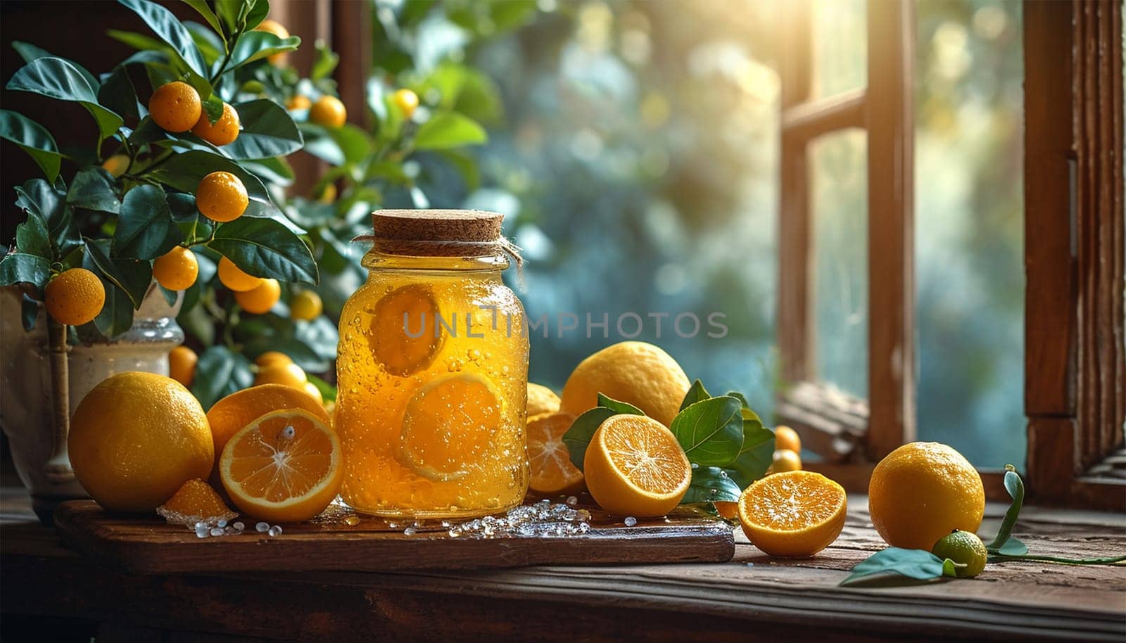 Homemade orange marmalade on wooden table. Seville Orange, Sour Orange, Bitter Orange, Marmalade Orange - native Southeast Asia tropical fruit. Homemade Tasty Jam on white background. Healthy Food. Copy space