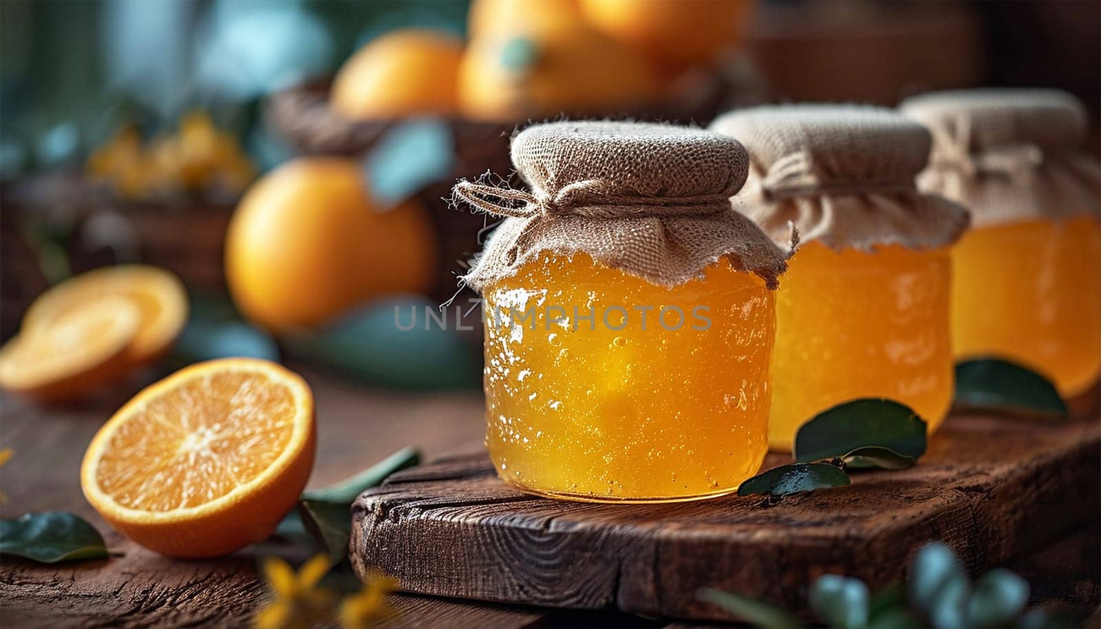 Homemade orange marmalade on wooden table. Seville Orange, Sour Orange, Bitter Orange, Marmalade Orange - native Southeast Asia tropical fruit. Homemade Tasty Jam on white background. Healthy Food. by Annebel146