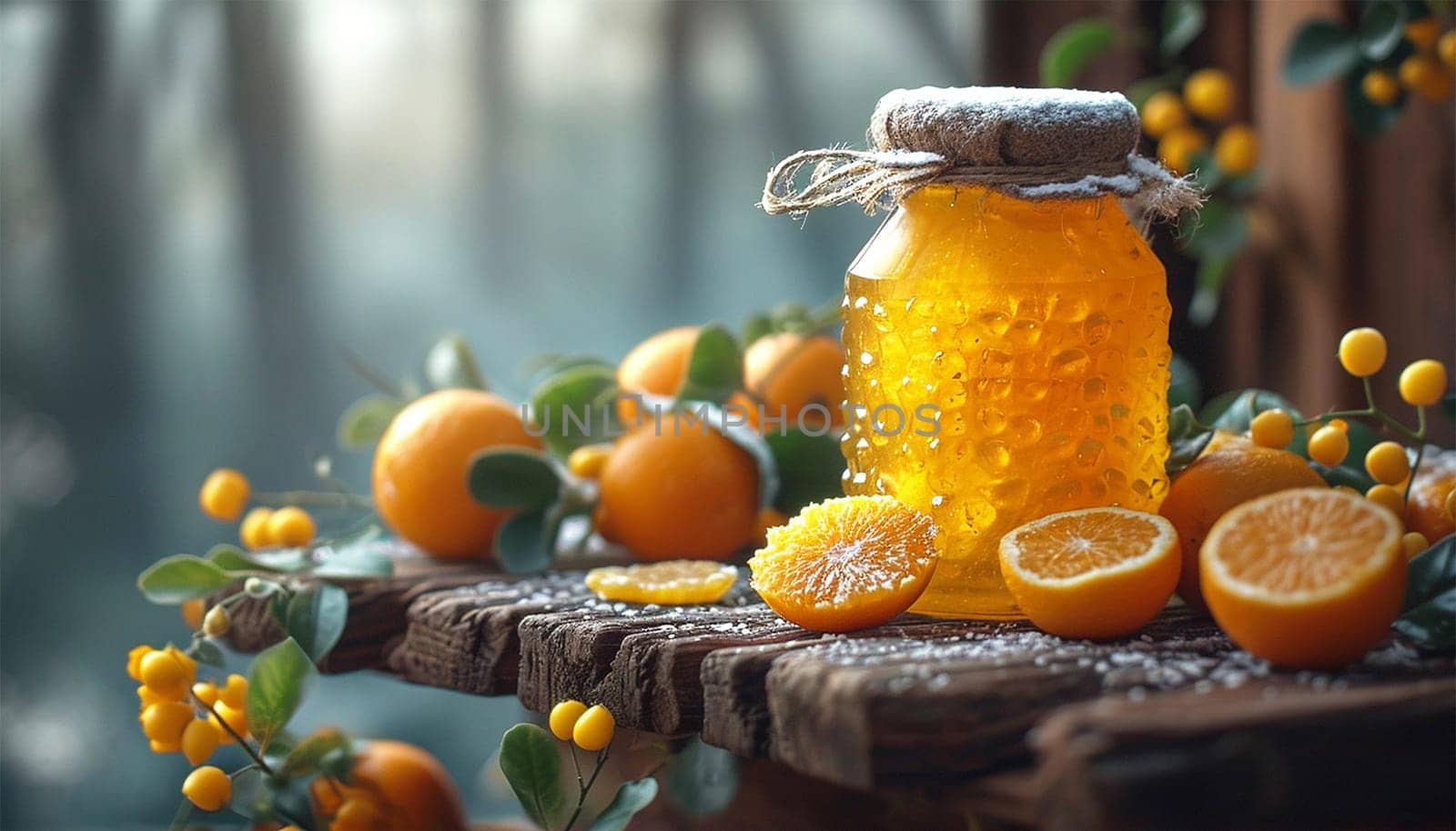 Homemade orange marmalade on wooden table. Seville Orange, Sour Orange, Bitter Orange, Marmalade Orange - native Southeast Asia tropical fruit. Homemade Tasty Jam on white background. Healthy Food. Copy space