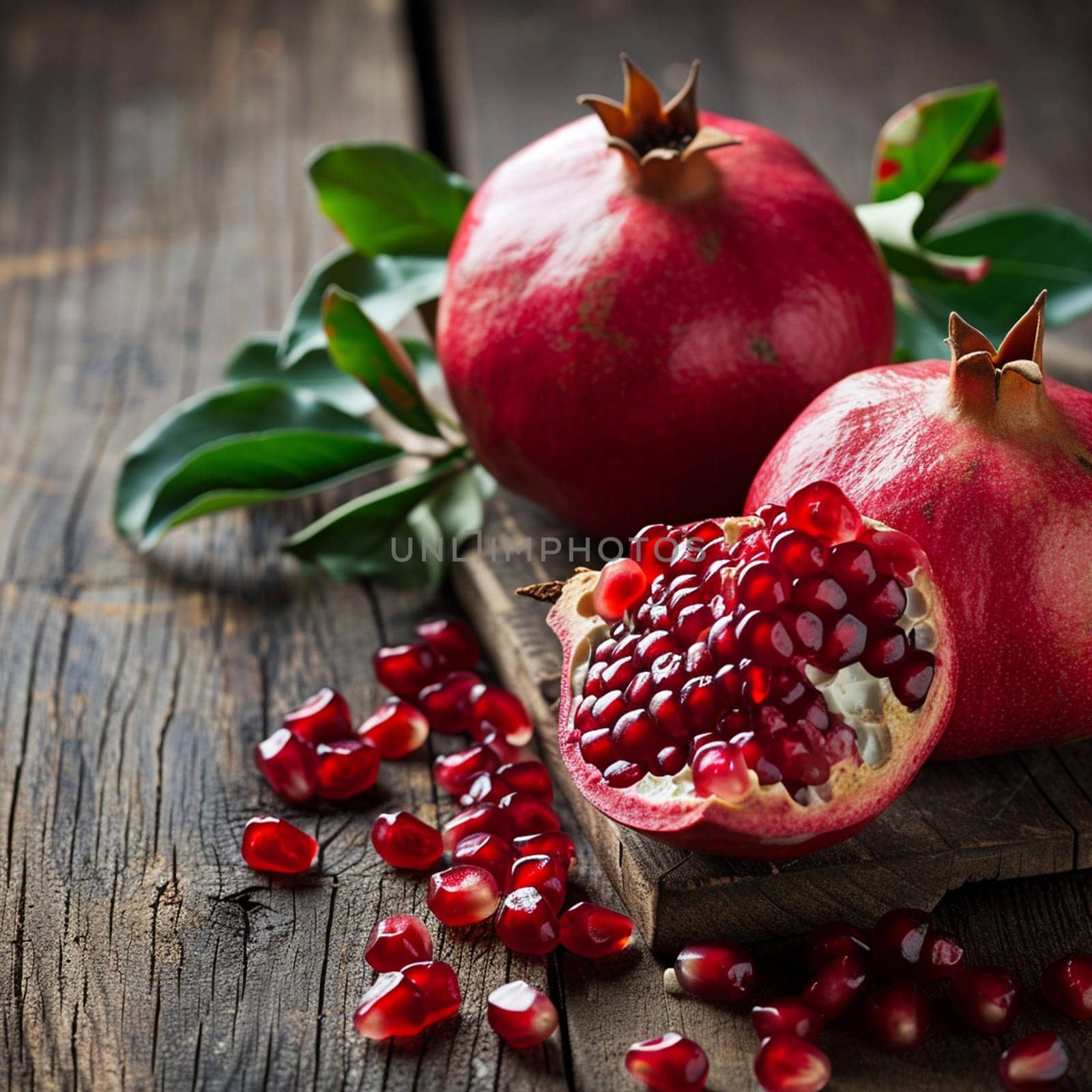 fresh pomegranates on wooden background. selective focus. Generative AI, by mila1784