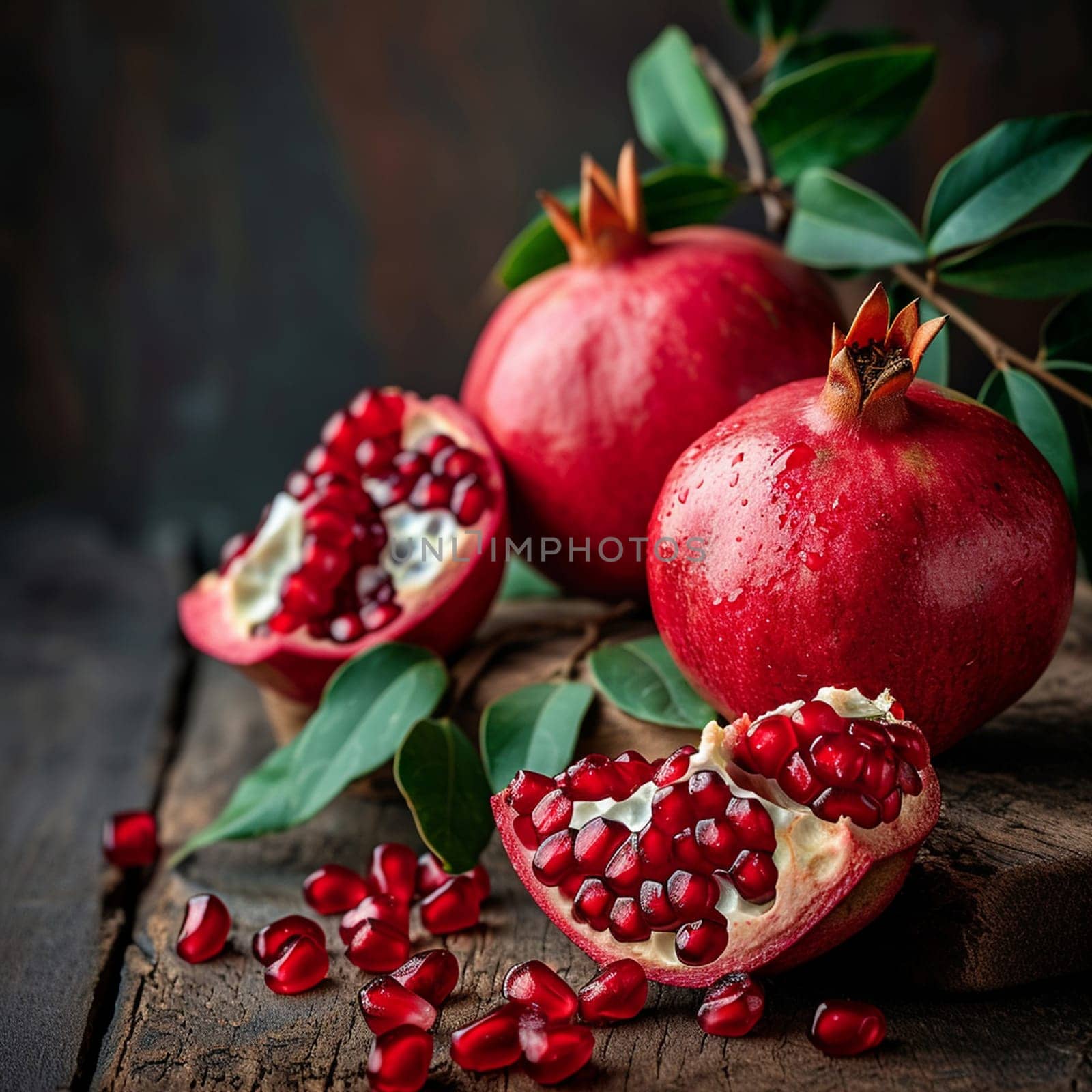 fresh pomegranates on wooden background. selective focus. Generative AI, by mila1784