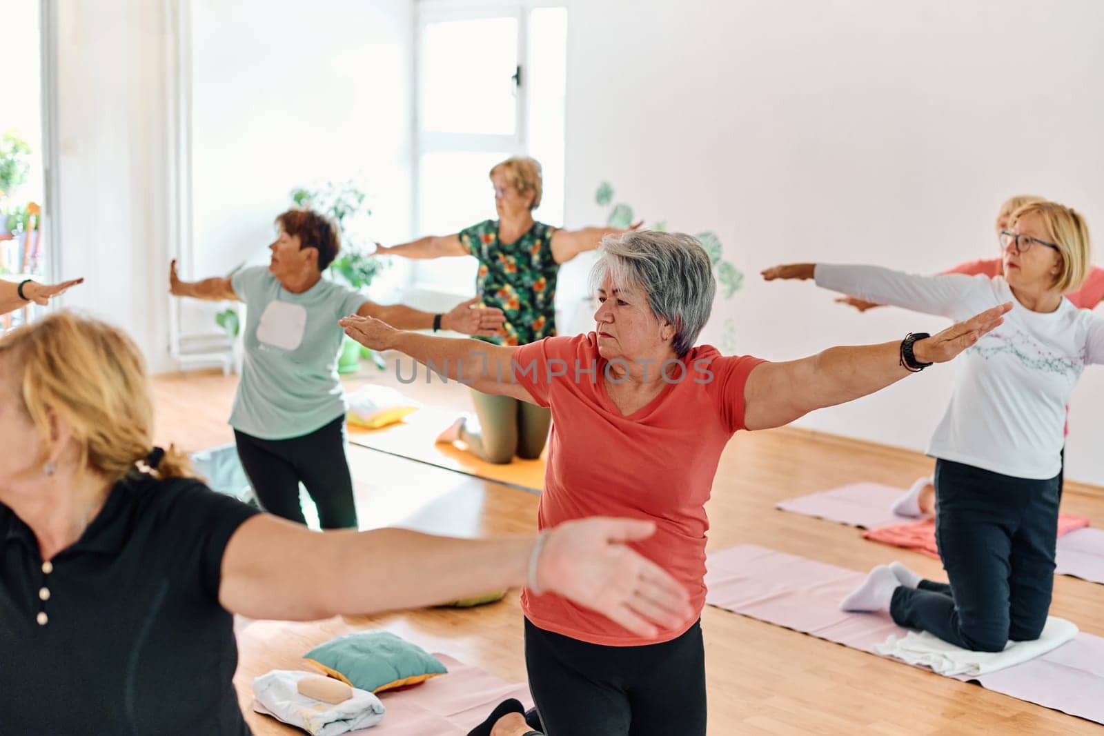 A group of senior women engage in various yoga exercises, including neck, back, and leg stretches, under the guidance of a trainer in a sunlit space, promoting well-being and harmony.