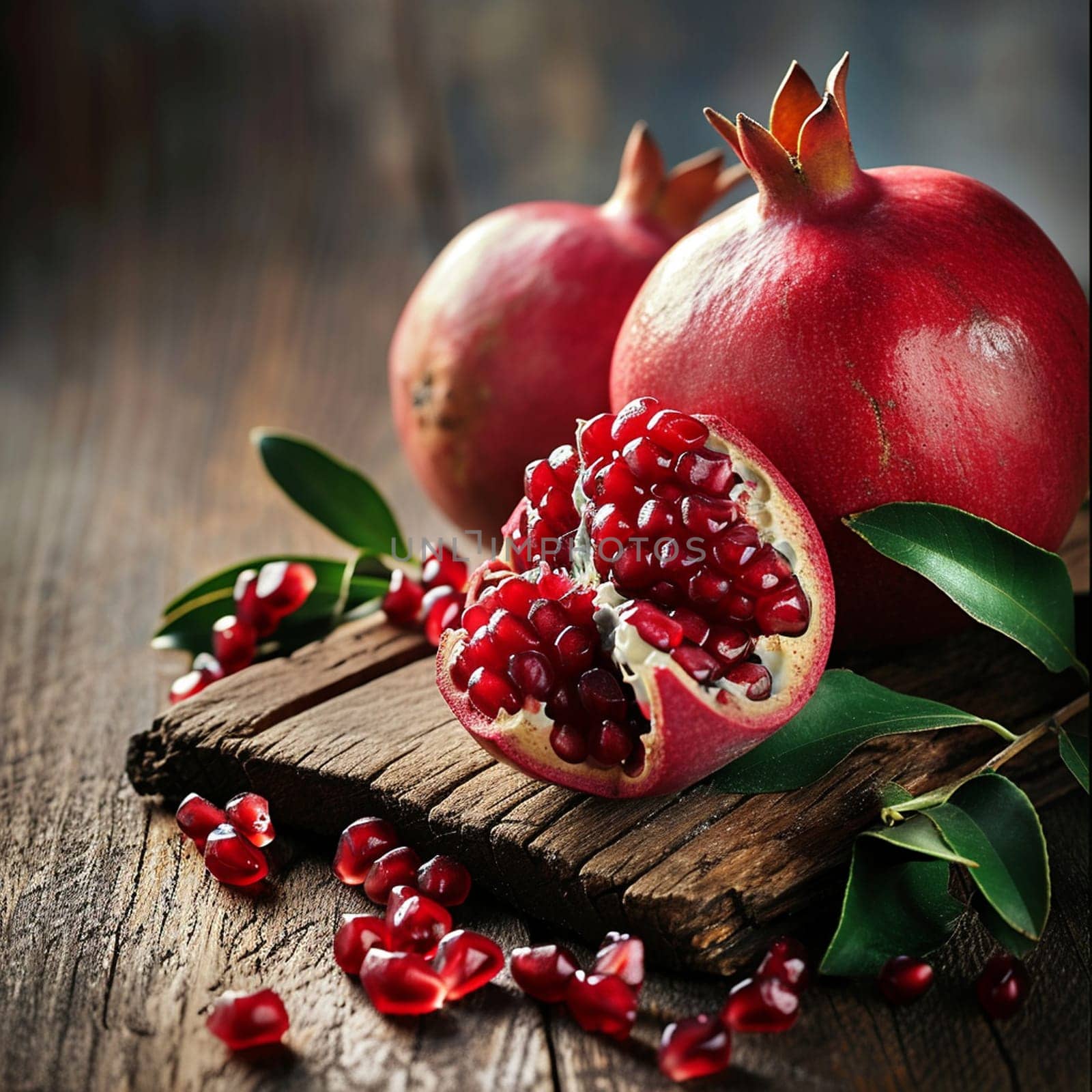 fresh pomegranates on wooden background. selective focus. Generative AI, by mila1784