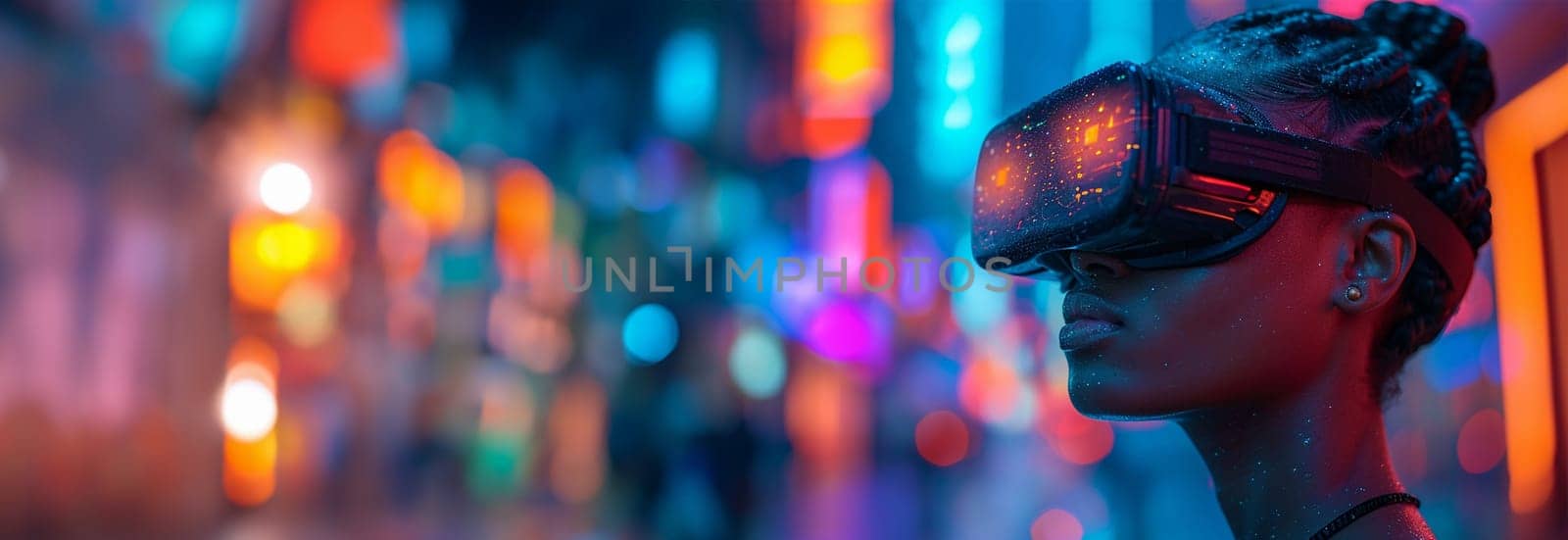 African-American young woman in vr glasses watching 360 degree video with a virtual reality headset neon lights. Gaming in the metaverse moving