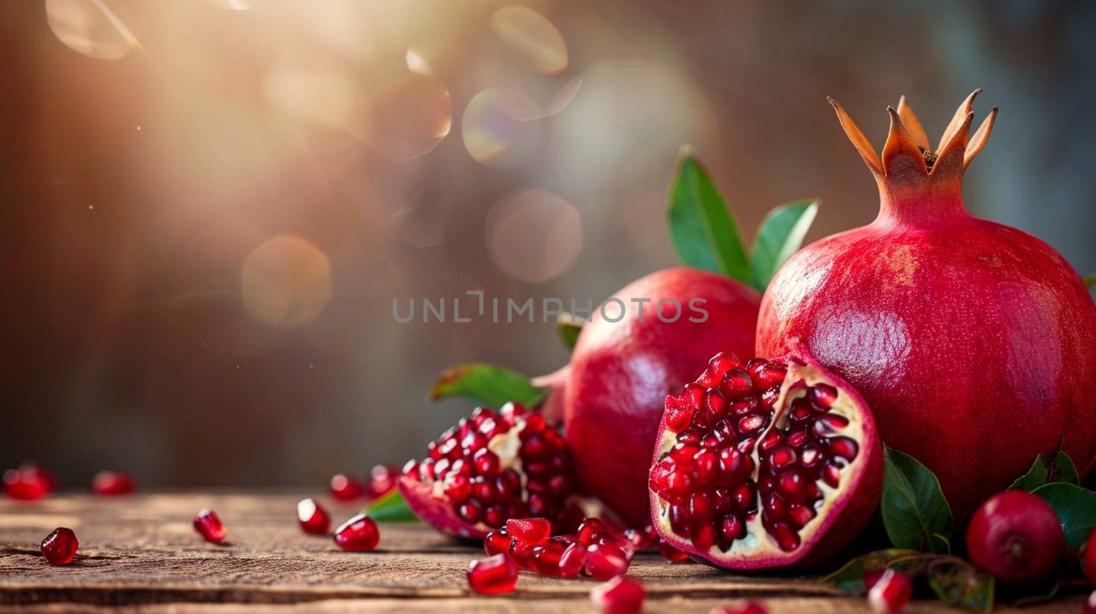 fresh pomegranates on wooden background. selective focus. Generative AI, by mila1784