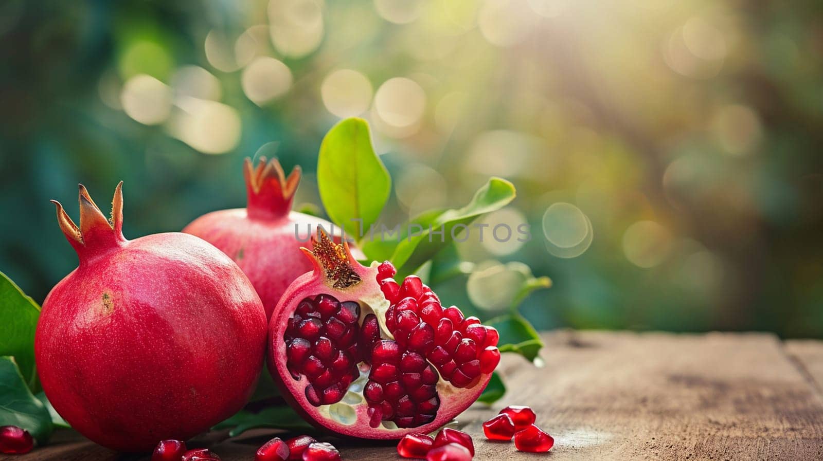 fresh pomegranates on wooden background. selective focus. Generative AI, by mila1784