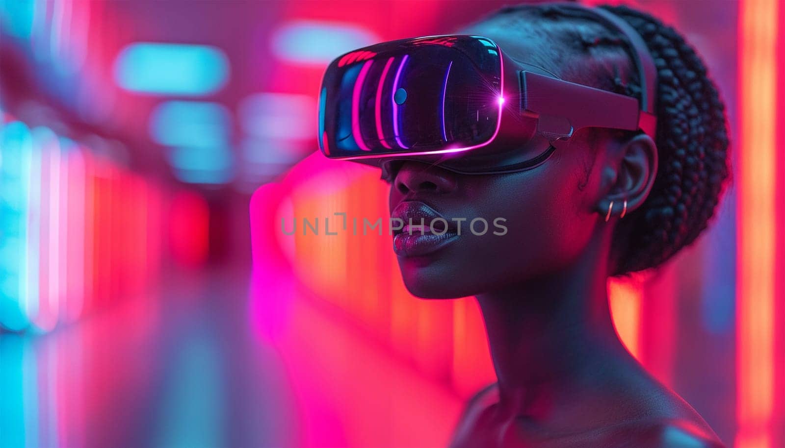 African-American young woman in vr glasses watching 360 degree video with a virtual reality headset neon lights. Gaming in the metaverse by Annebel146
