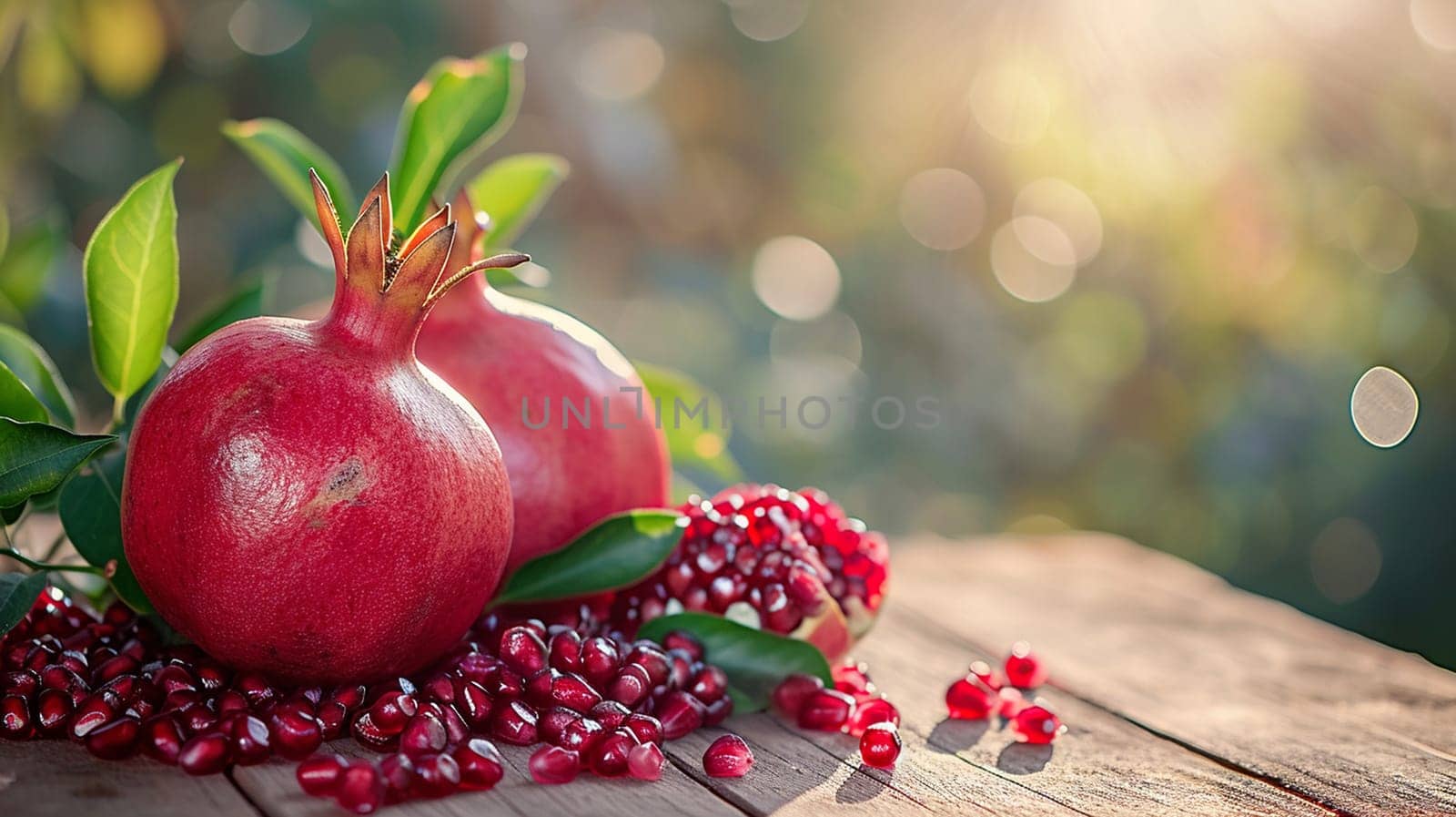 fresh pomegranates on wooden background. selective focus. Generative AI, by mila1784