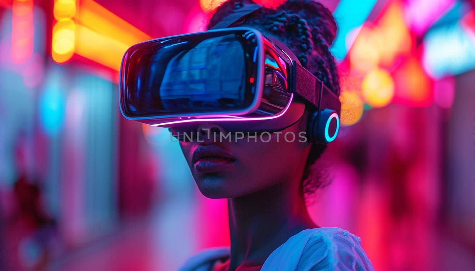 African-American young woman in vr glasses watching 360 degree video with a virtual reality headset neon lights. Gaming in the metaverse moving