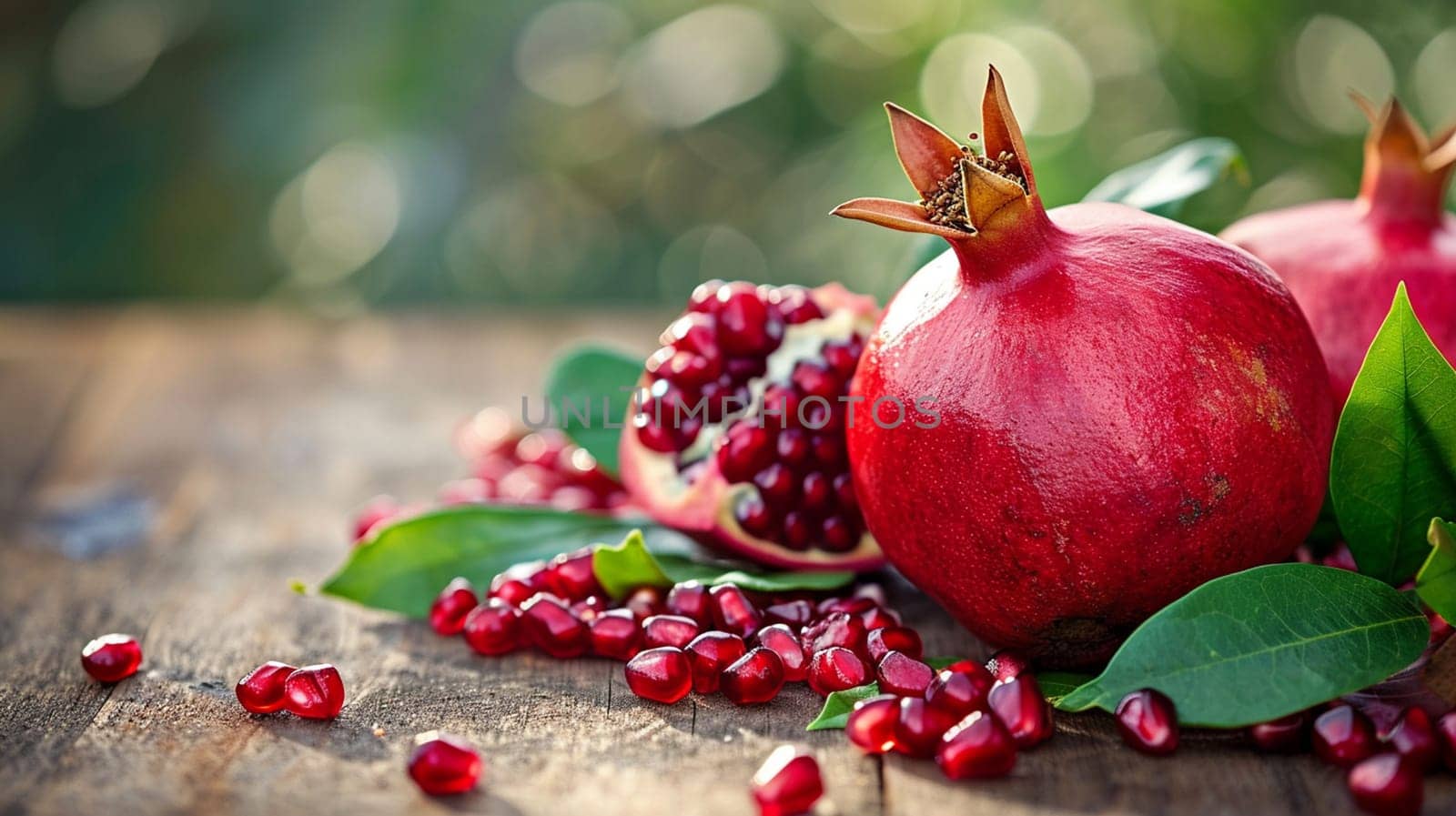 fresh pomegranates on wooden background. selective focus. Generative AI, by mila1784