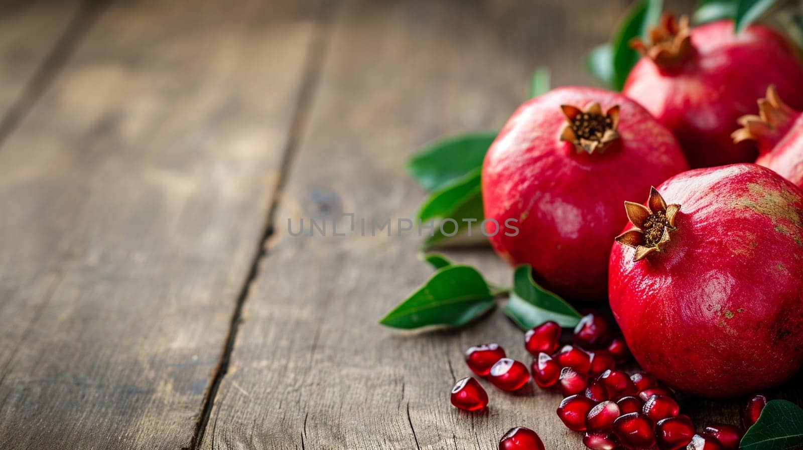 fresh pomegranates on wooden background. selective focus. Food Generative AI,