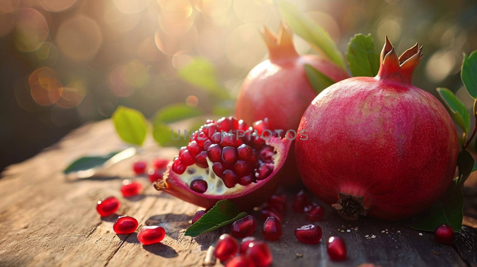 fresh pomegranates on wooden background. selective focus. Generative AI, by mila1784