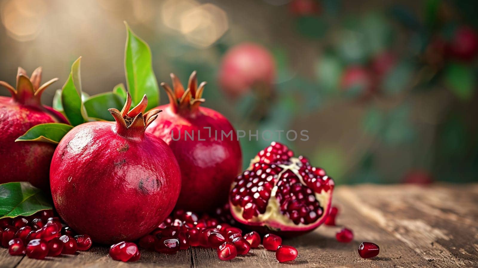 fresh pomegranates on wooden background. selective focus. Generative AI, by mila1784