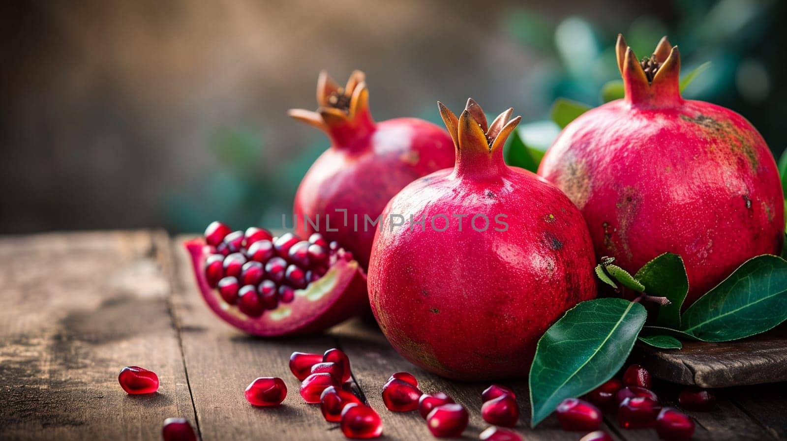 fresh pomegranates on wooden background. selective focus. Generative AI, by mila1784