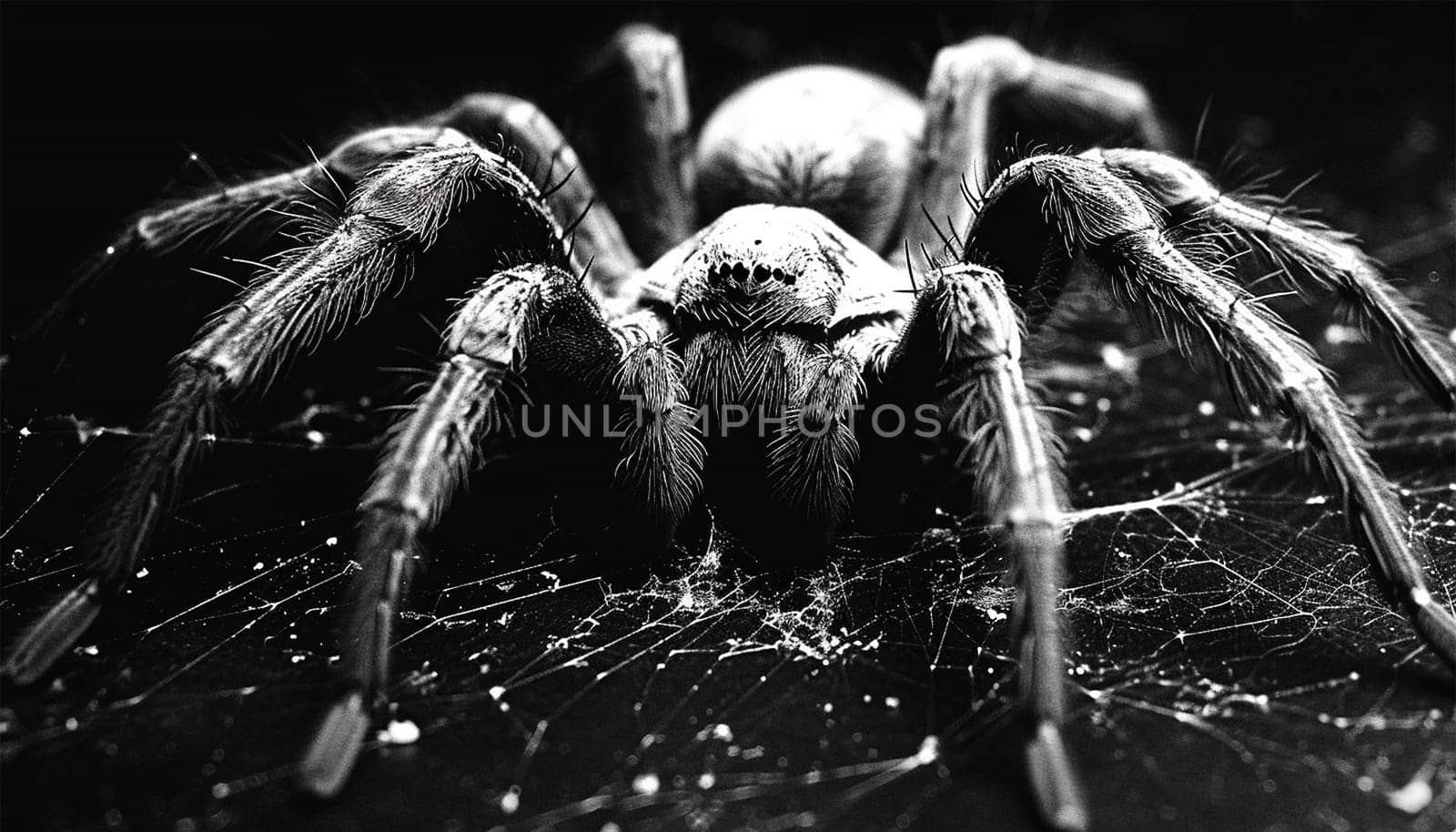 Scary close up of a spider on black background. Close up spider's web on retro vintage black color background for halloween night party design concept concept. Scary horror design by Annebel146