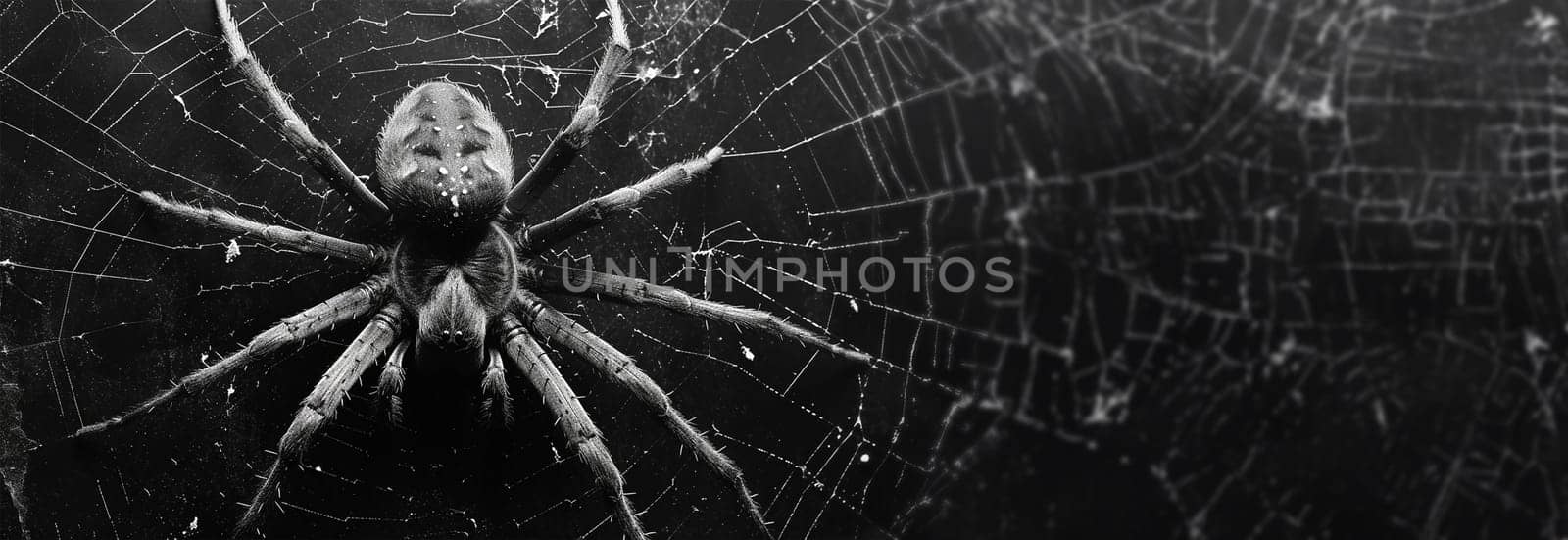 Scary close up of a spider on black background. Close up spider's web on retro vintage black color background for halloween night party design concept concept. Scary horror design by Annebel146