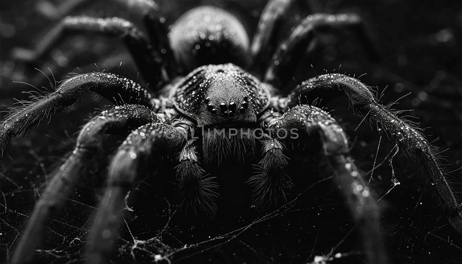 Scary close up of a spider on black background. Close up spider's web on retro vintage black color background for halloween night party design concept concept. Scary horror design by Annebel146
