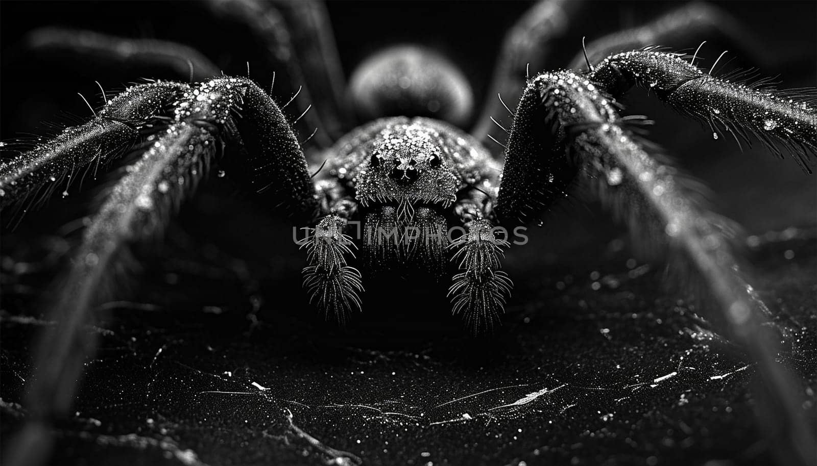 Scary close up of a spider on black background. Close up spider's web on retro vintage black color background for halloween night party design concept concept. Scary horror design mp4