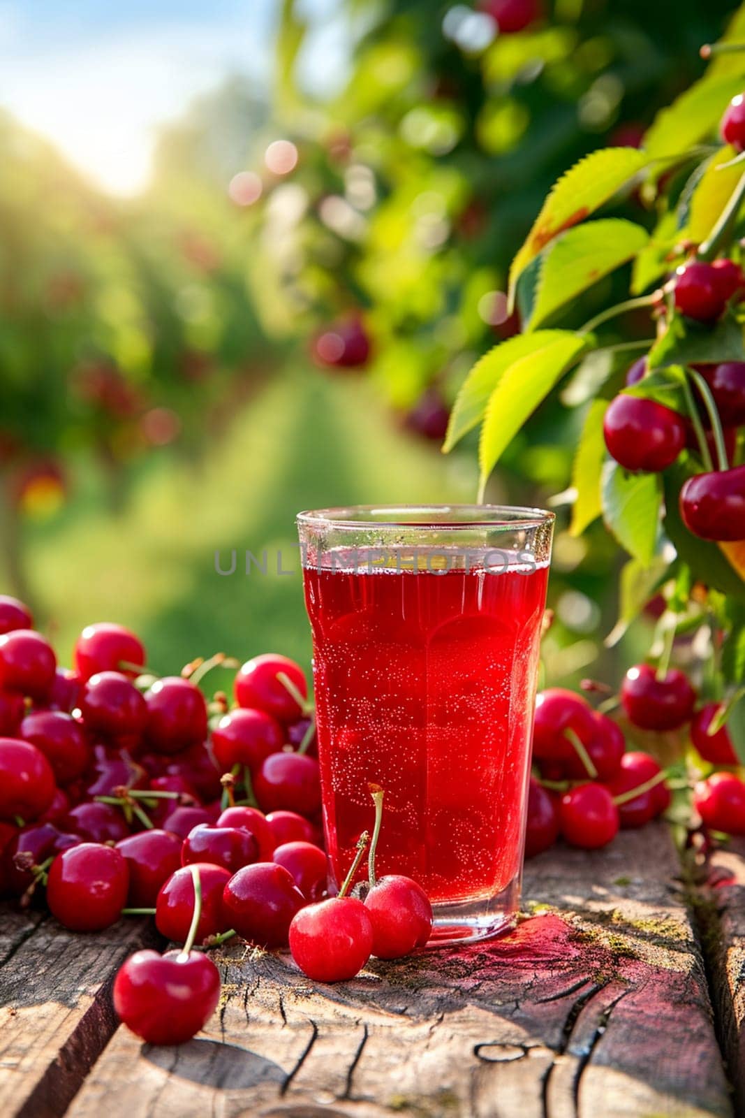 Freshly squeezed cherry juice and cherries on the garden table. selective focus. Generative AI,