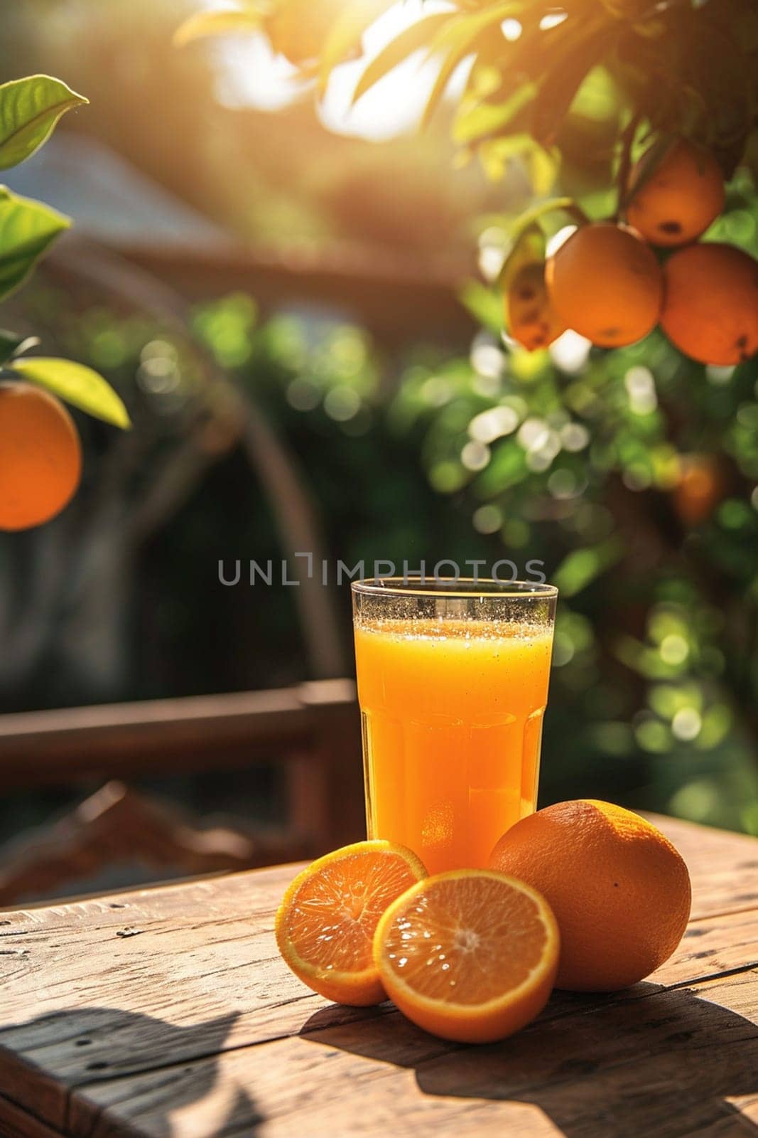 Freshly squeezed orange juice on a garden table. selective focus. Generative AI, by mila1784