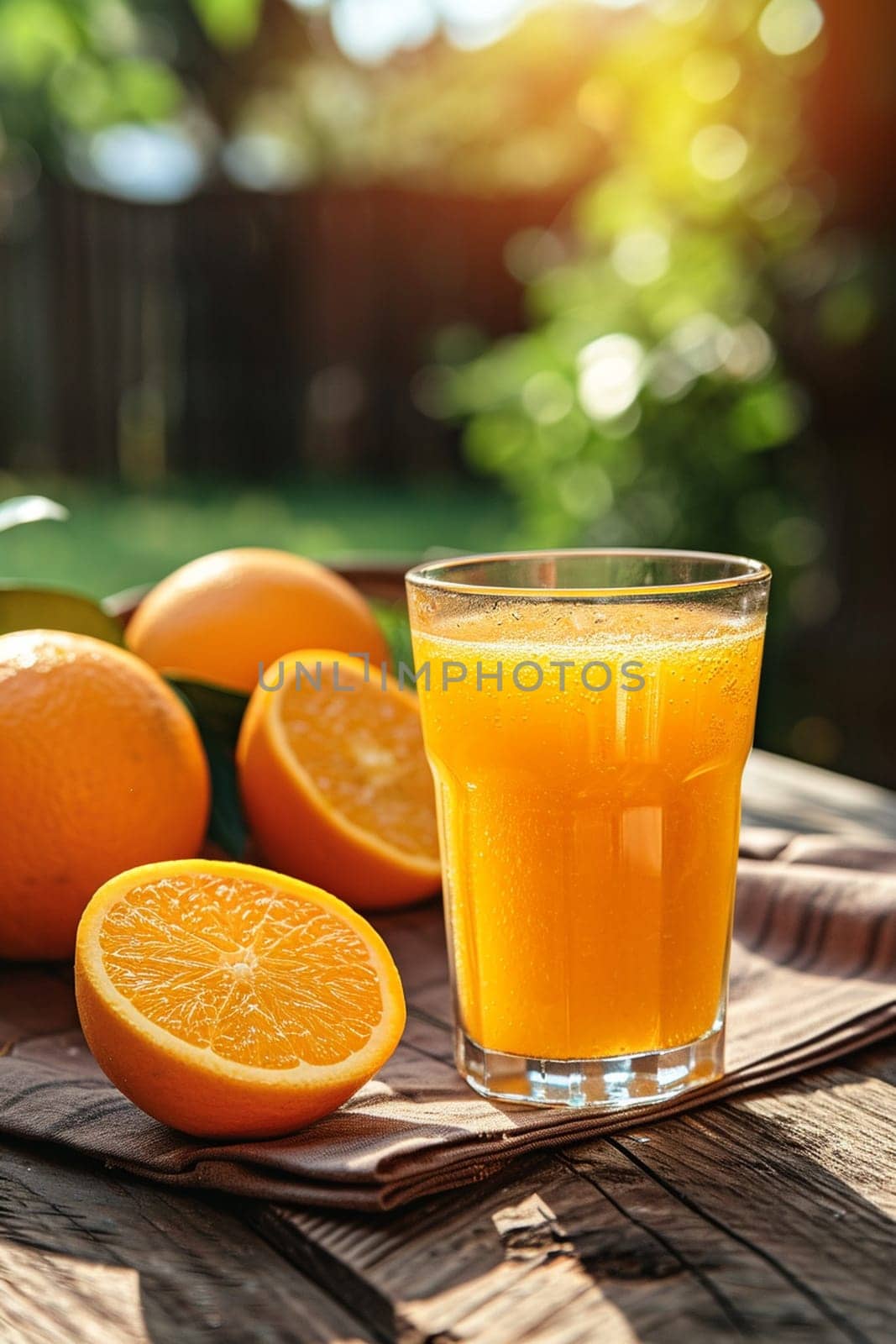 Freshly squeezed orange juice on a garden table. selective focus. Generative AI, by mila1784