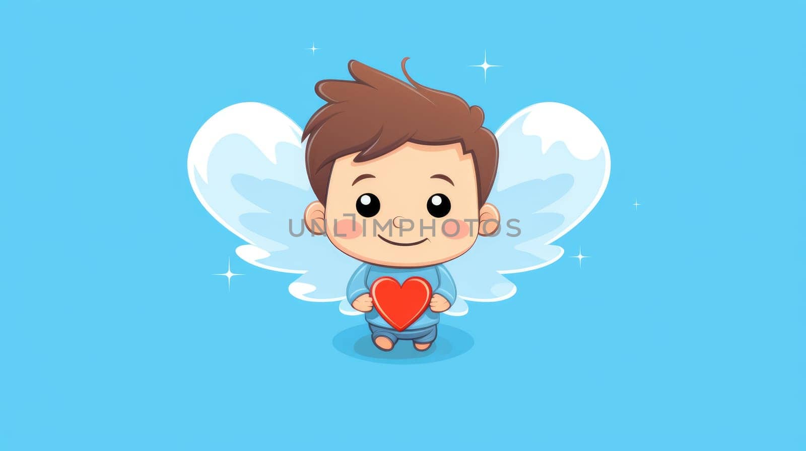 Happy Valentine's Day banner. Cupid in cartoon style on blue background AI