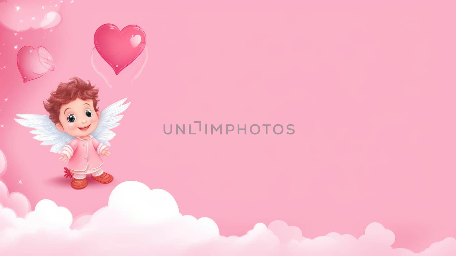 Happy Valentine's Day banner. Cupid in cartoon style on pink background AI