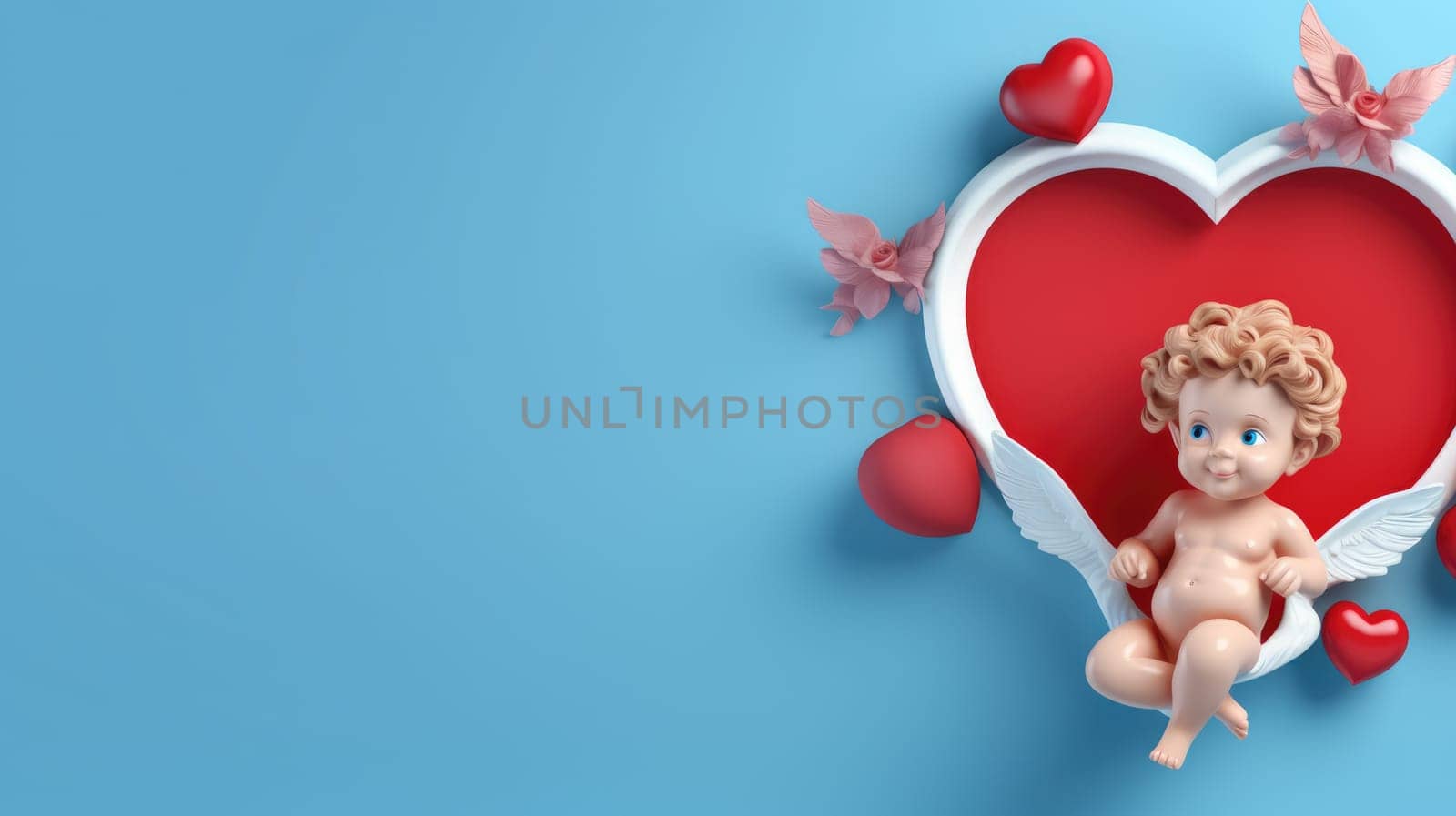 Happy Valentine's Day banner. Cupid in 3D cartoon style on blue background by natali_brill