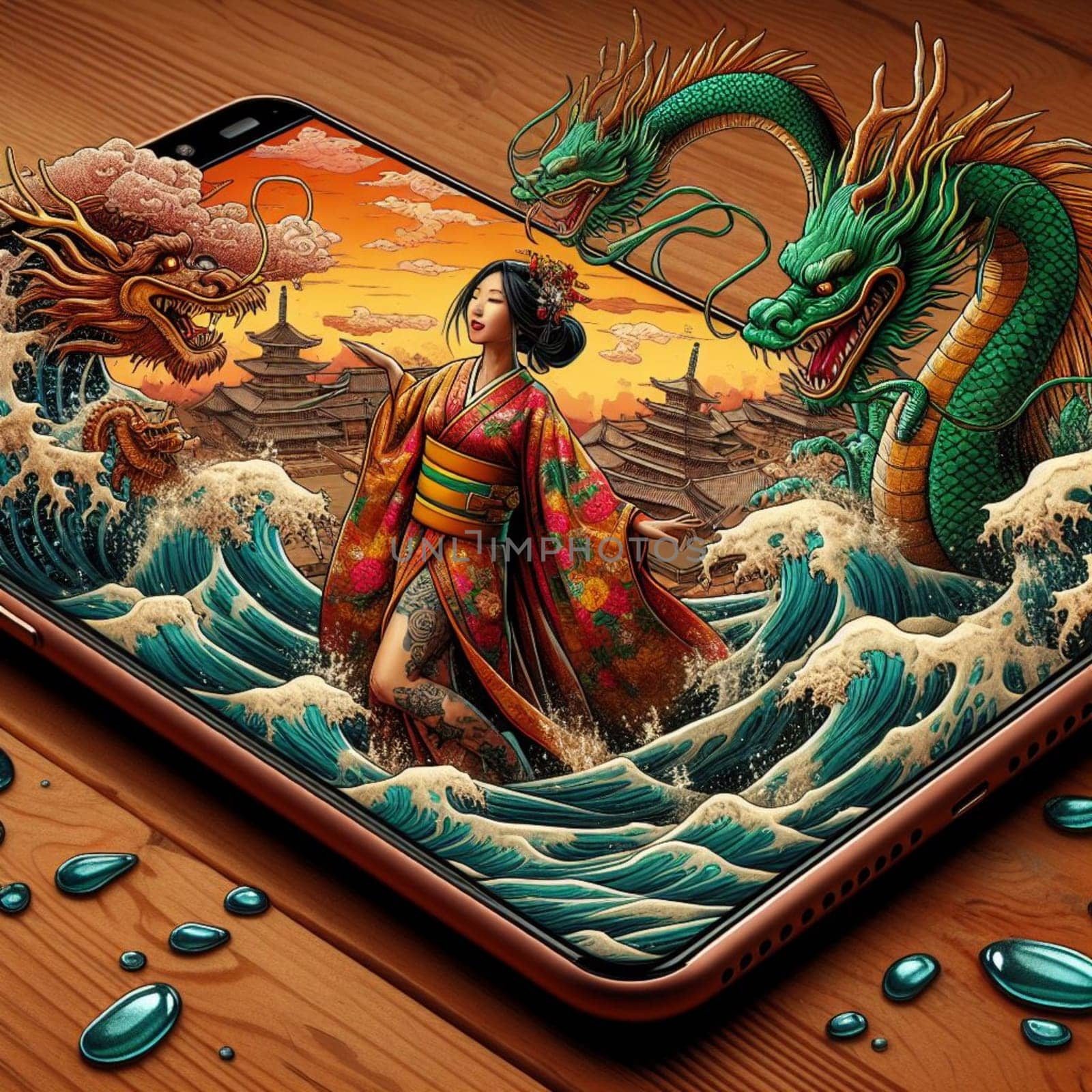 traditional woman wear dress city skyline sunset chinese dragon year out mobile phone screen on desk by verbano