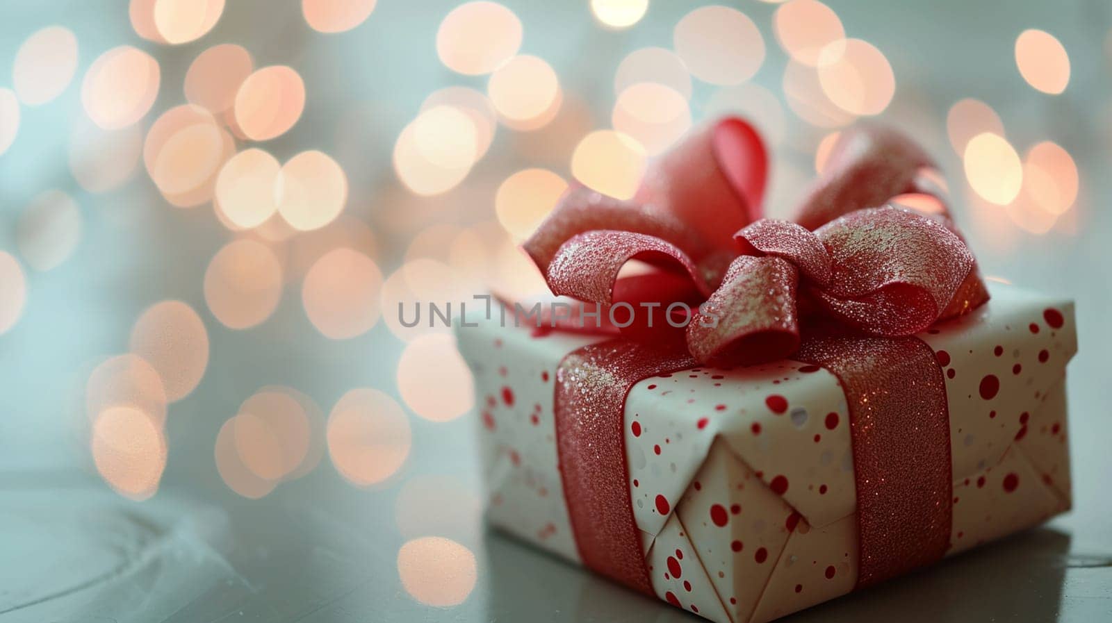 Gift or present box and flower gypsophila on light table top view. Greeting card. Flat lay style with copy space.