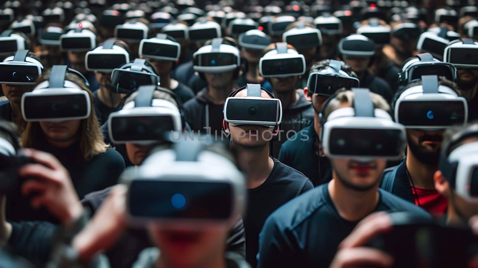 crowd of hypnotised people in vr glasses, generative ai. High quality photo