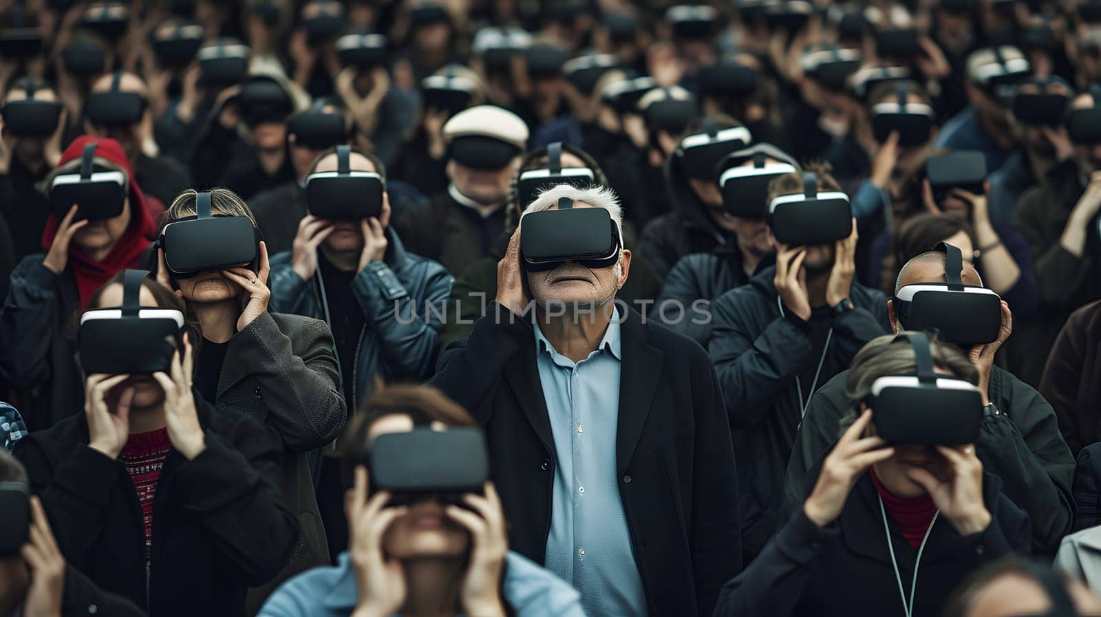 crowd of hypnotised people in vr glasses, generative ai. High quality photo