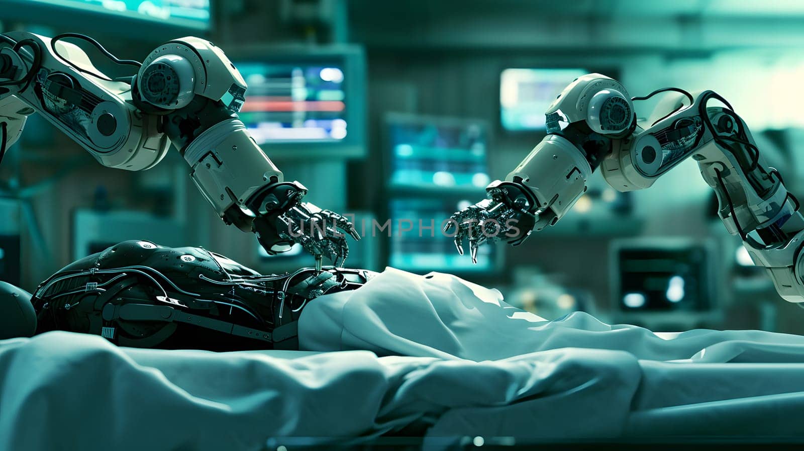 robotic arms perform a surgical operation, generative ai. High quality photo