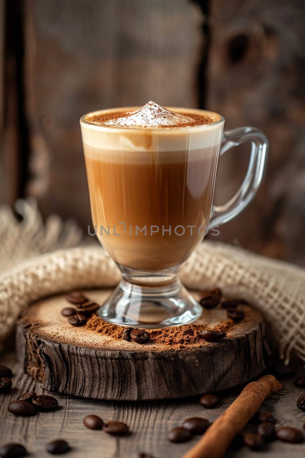 Glass of coffee with cream on wooden background. selective focus. Generative AI, by mila1784