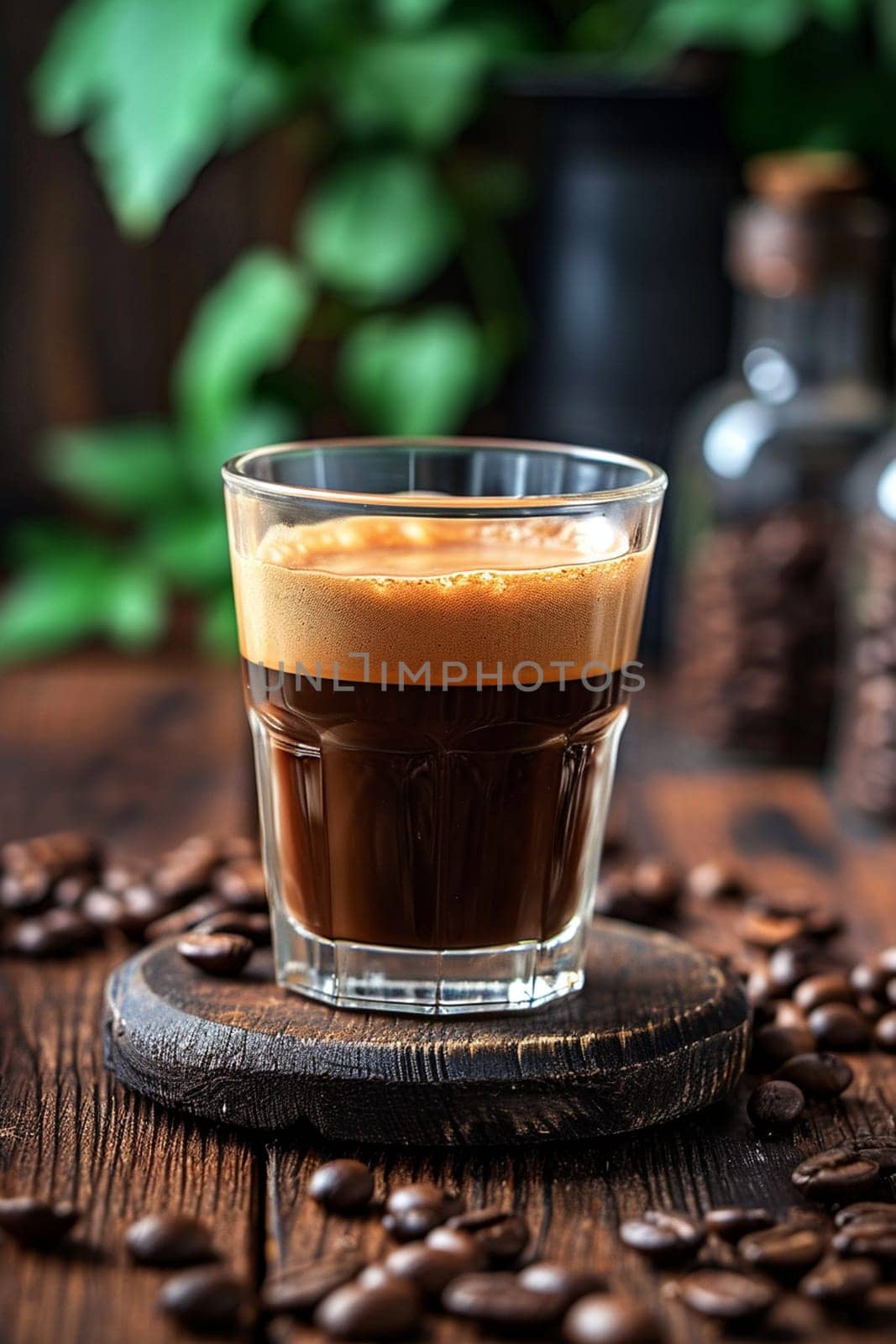 Glass of coffee with cream on wooden background. selective focus. Generative AI, by mila1784