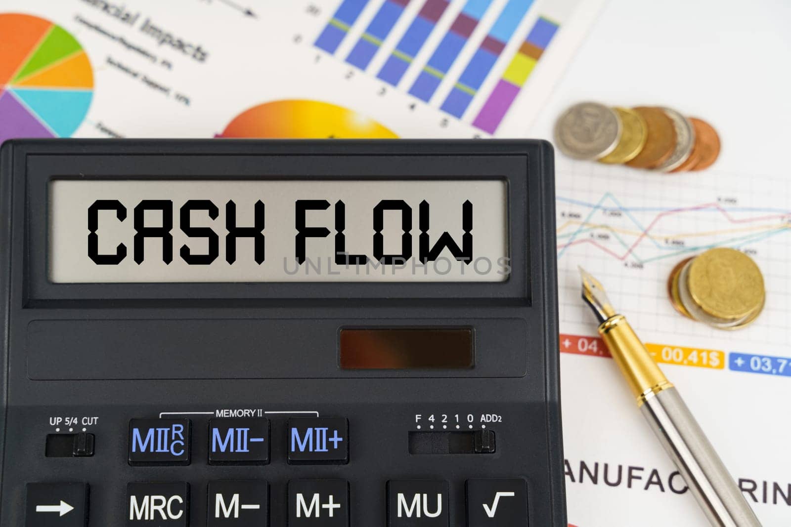 On the table are financial reports, coins and a calculator with the inscription - Cash flow by Sd28DimoN_1976