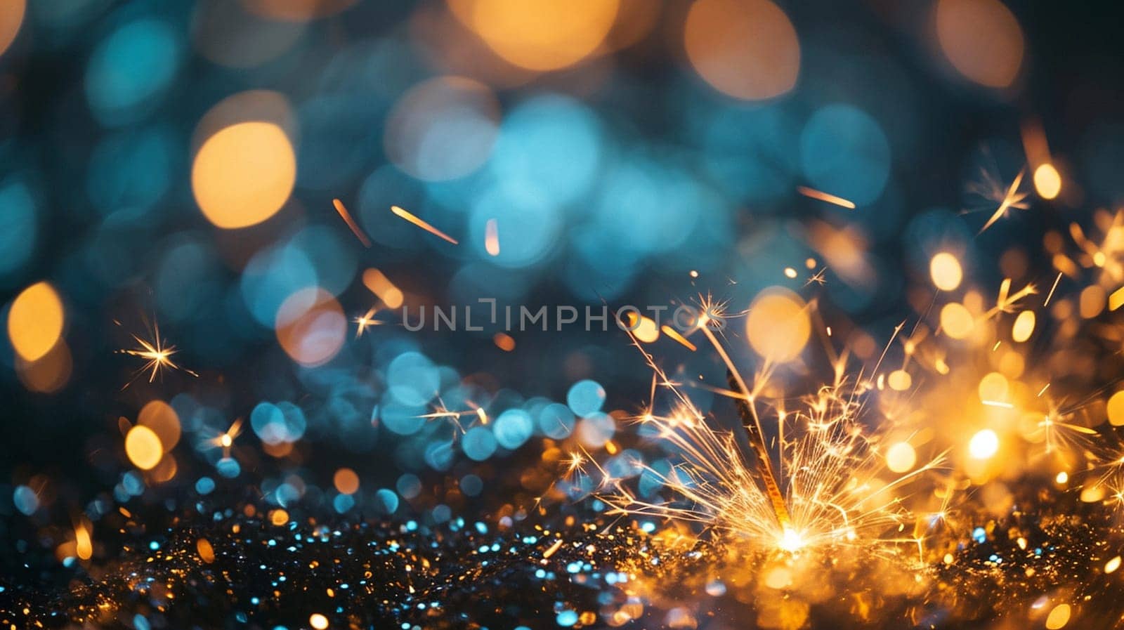 gold and blue fireworks with bokeh. selective focus. Holidays Generative AI,