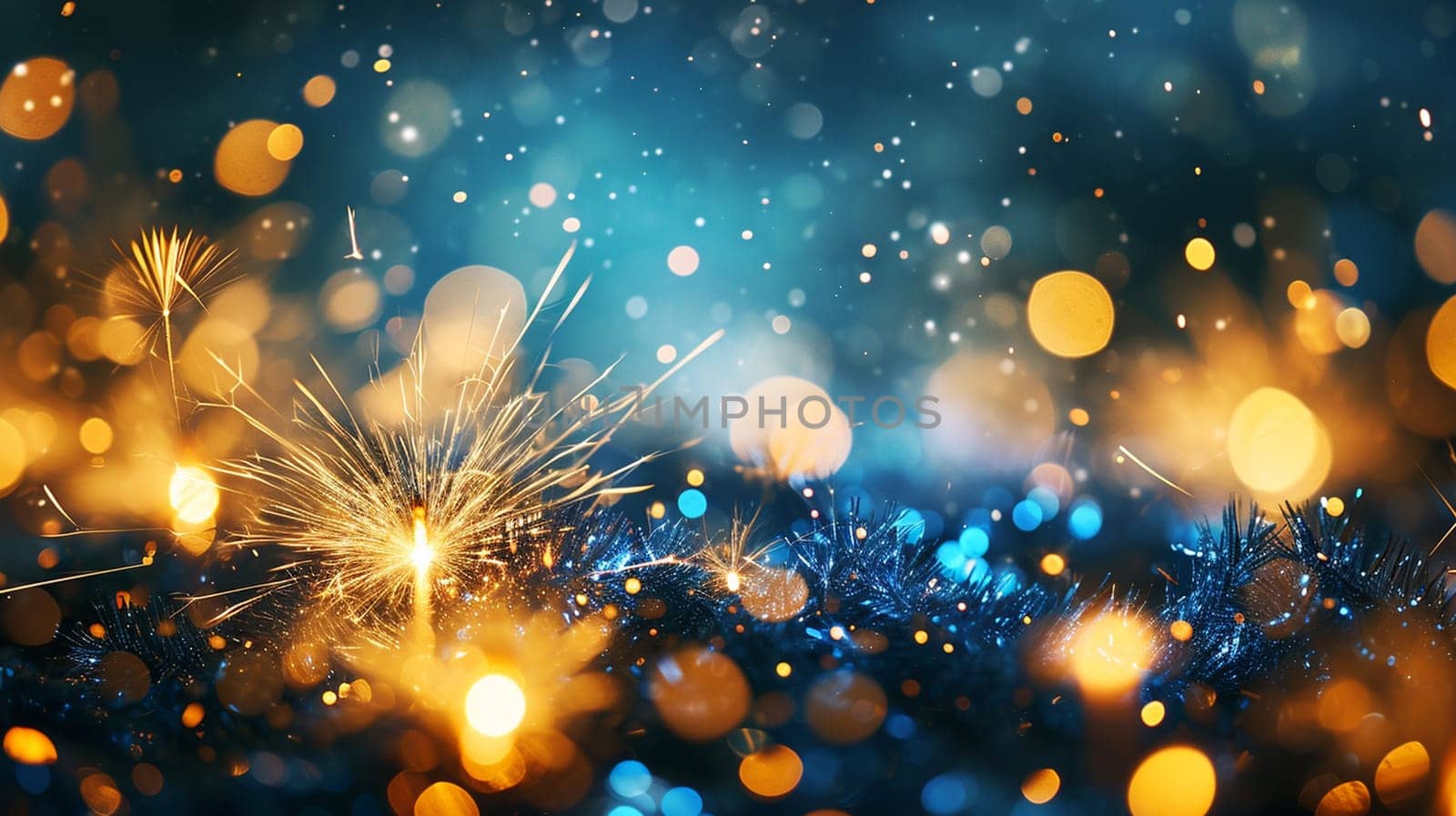 gold and blue fireworks with bokeh. selective focus. Generative AI, by mila1784