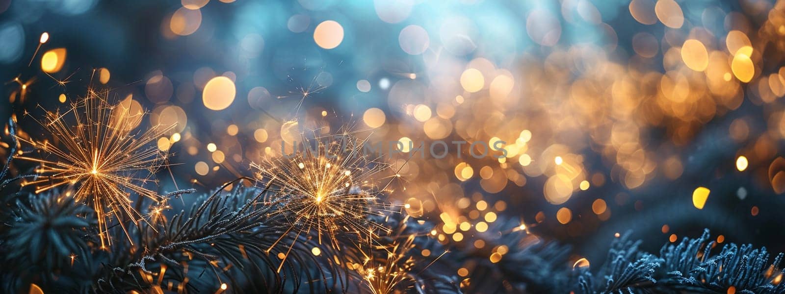 gold and blue fireworks with bokeh. selective focus. Generative AI, by mila1784