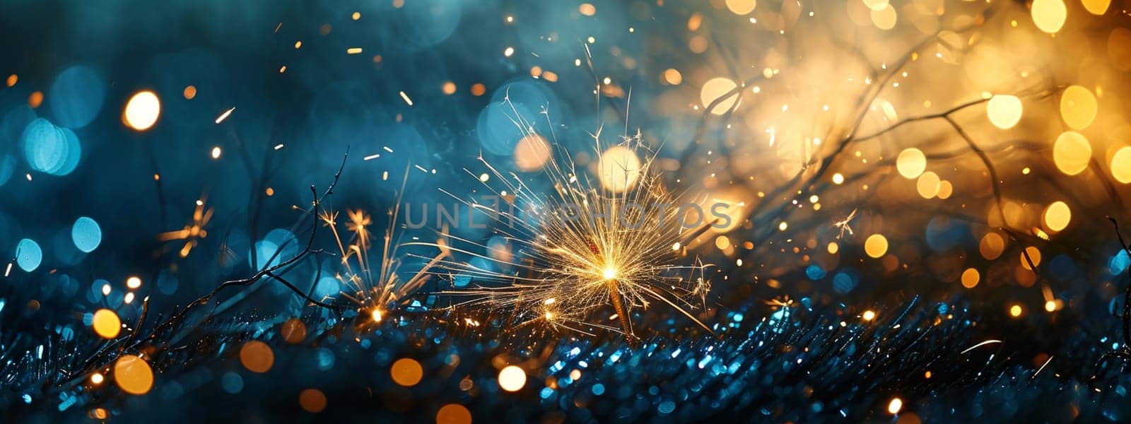 gold and blue fireworks with bokeh. selective focus. Holidays Generative AI,