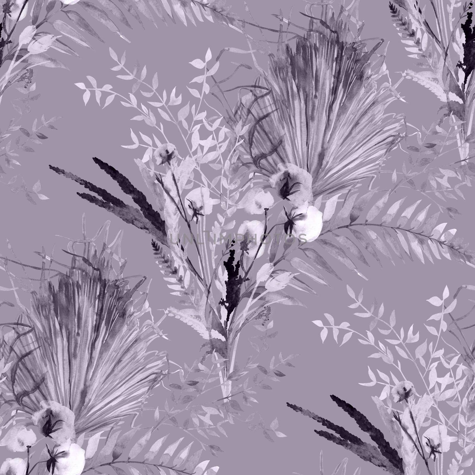 Monochrome seamless pattern with silhouettes of dry branches and leaves of palm trees and ferns for summer textiles