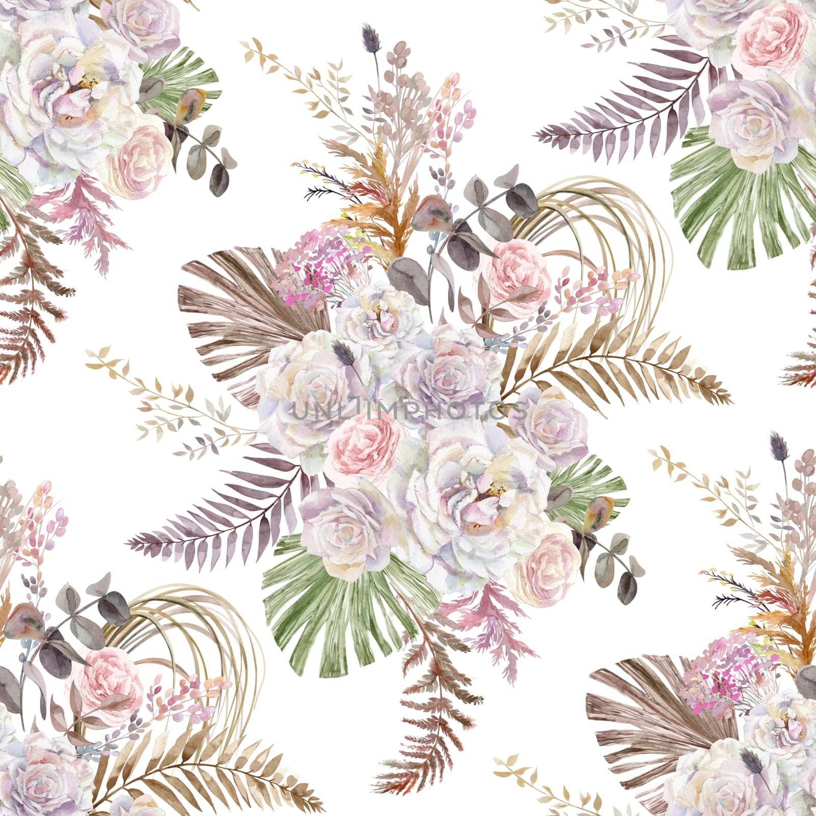 Watercolor vintage seamless pattern with delicate pink rose flowers and tropical palm leaves by MarinaVoyush