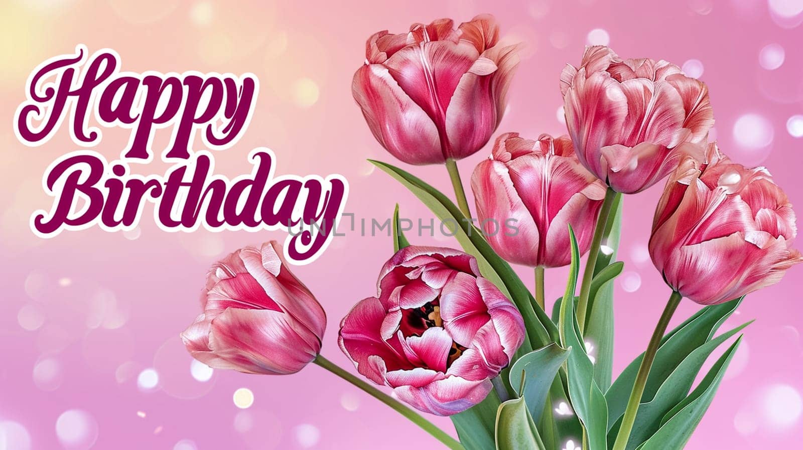 Happy birthday card with beautiful tulips selective focus. Nature Generative AI,