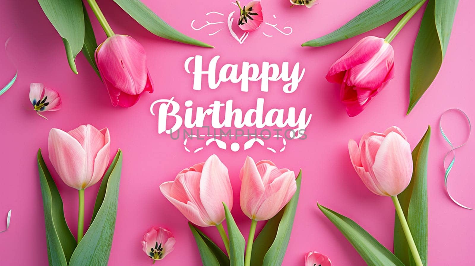 Happy birthday card with beautiful tulips selective focus. Nature Generative AI,