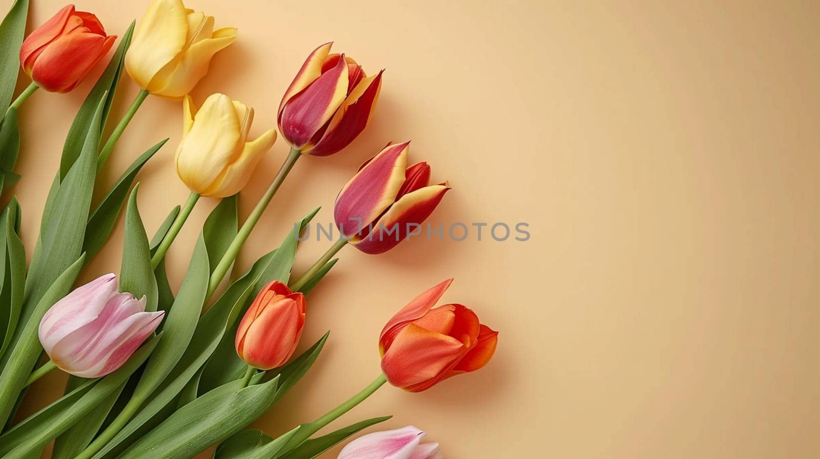 Happy birthday card with beautiful tulips selective focus. Nature Generative AI,