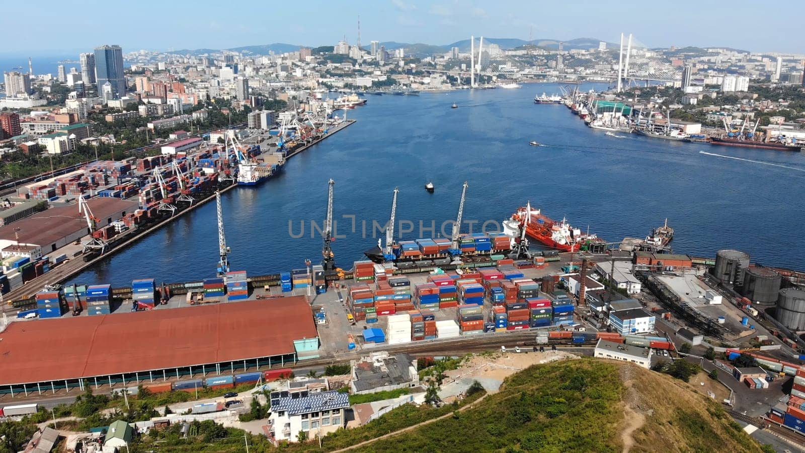 Top view. Vladivostok Commercial Sea Port. Industrial port with containers in Vladivostok. by DovidPro